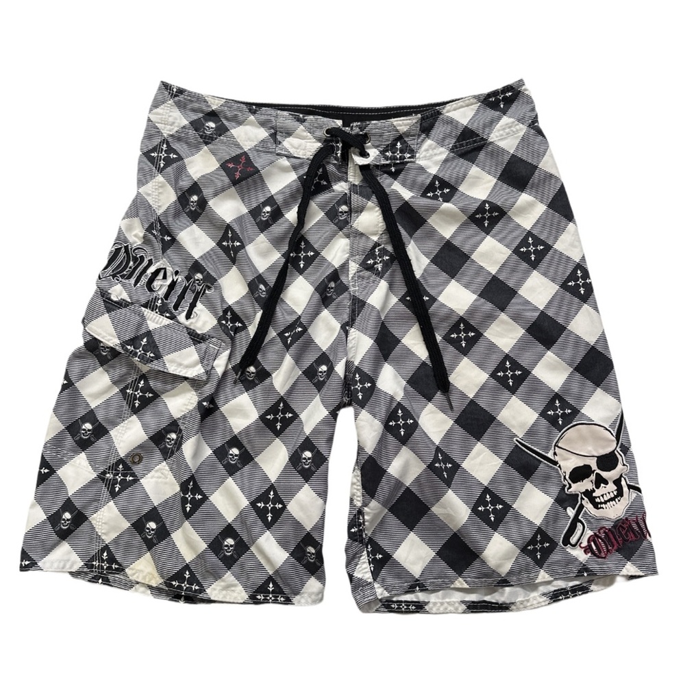 Y2K O'NEILL men's b&w plaid graphic pirate skull swim board shorts, 32".